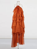 Dress Women 2025 Early Spring New Elegant Style Hanging Neck Sexy Leaf Side Long
