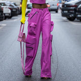 Zingj 2024 New Street Trend Multi-Pocket Pu Design Sense High Waist Slim Straight Pants Women's Loose Cargo