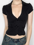 Hottie Wind Depth V Collar Striped Shirt Two Buckle Cardigan Waist Type Short-Sleeved Commuting Base