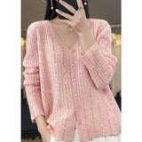 2025 New Cardigan Women's V-Necked Squints Sweater Jacket Loose Pearl Buckle Knitting
