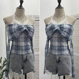 Hanging Neck Shoulder Mesh Yarn Long-Sleeved Top Design Y2k Short Repair T-Shirt