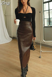 Spring Autumn Soft Brown Faux Leather Maxi Skirt Women with Back Slit High Waist Long Luxury Elegant Office Clothes