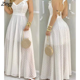 Summer Ruffle Hem Open Back Slit Maxi White Dress Sleeveless Elegant Casual Lace Up Sexy Vacation Solid Long Ladies