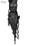 Flower Ruffled Tulle See Through Mesh Dress Women Black O Neck Sleeveless Tie Folwer Asymmetrical Evening Party Beach