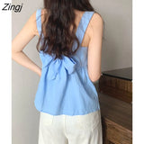 Women Colorful Trendy Sexy Korean Square Collar Elegant Bow Backless Loose Streetwear Chic Japan Tops Female Mujer