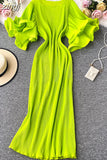 Round Neck Flare Short Sleeve Pleated Long Dress Vintage High Waist Ruffles Female Vestidos New Fashion Robe Mujer