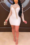 Gorgeous Crystal Mini Dress Womens Elegant White Sequins Patchwork Party Club Dress BIrthday Outfits 2023