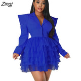Sexy Bodycon Dress Mesh Hem Deep V Puff Long Sleeve Dresses for Women Autumn Winter Birthday Party