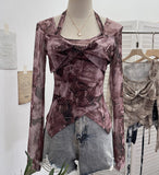 Special To The Net Yarn Design Sense Hanging Neck Top Cross Folded Repair Short T-Shirt