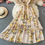 Bohemian Floral Long Dress For Women Sexy V-Neck Short Sleeve High Waist A-Line Big Swing Vestido Casual Blue Robe
