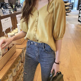 Women Summer Chiffon M-4XL V-neck Single-breasted Elegant Lantern Sleeve Leisure Korean Style Loose All-match Newest