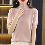 Zingj And Summer Loose And Versatile Wool Knit Short Sleeve Women Plus-Size Round-Neck Solid Color Bottom Knit T-Shirt Thin-Outfit