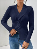 Women's Temperament Thread Under The Fork Knit Shirt Fashion Long-Sleeved Solid Color