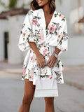 Women V Neck Party Dress Commuter Fashion Print Beach Mini Dress Lady Elegant Lace-up Ruffle Office Dresses Woman