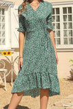 Sleeve Boho Dress Summer Women Floral Printed Holiday Beach Dress V-Neck Elegant Lace-up Split Midi Sundress