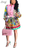 Pieces Set Sexy Spring Autumn Fashion Women Set 2023 Female Tops Floral Print Long Sleeve Shirt Zipper Mini