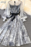 Mesh Printed Dress Women Spring Autumn Round Neck Puff Long Sleeve Ink Pattern A-Line Big Swing Vestidos Female 2023