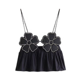 Women's New Black Bright Flowers Decorated Cotton Blouse Small Sling Vest