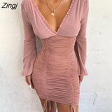 Chiffon Summer Autumn Dress Women 2020 Sexy Long Sleeve Slim Elastic Bodycon Bandage Dress Short Pleated Party