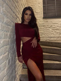 Red Solid Slit Long Sleeve Midi Dress- Outfit