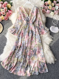Autumn Women Floral Long Dress Vintage V-Neck Flare Sleeve Backless High Waist A-Line Big Swing Maxi Vestidos New