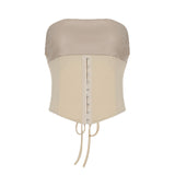 Leather Suit PU Leather Splicing Waist Tsets Hollow Folding Net Lace-Uped Ass