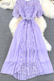 Women Lace Patchwork Pleated Long Dress Elegant Round Neck Short Sleeve High Waist Draped Party Maxi Vestidos Female