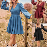 Fashion V-Collar Casual Women's Autumn And Winter New Solid Color Waist Long Sleeve Slim