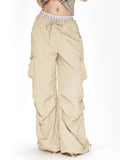 Babes Straight Broad Leg Pocket Spliced Striped Waist Trousers Tying With Trend Casual