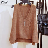 Vest Solid Women Retro Knitted V-neck Spring-autumn New Vintage Leisure Loose Female Sweaters Sleeveless 2XL
