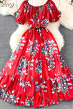 Women Floral Chiffon Dress Vacation Beach Vestidos Female Elegant Slash Neck High Waist A-Line Midi Robe Bohemian