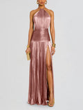 Women's Metallic Metallic Folding Fork With Hanging Neck Dress Sleeveless Back