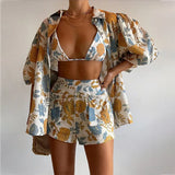 Spot Spring 2025 New Women's Fashion Printed Shirt Sling Vest Shorts Three-Piece