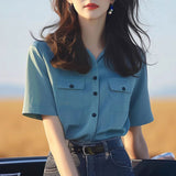 Dopamine Wears A Special Small Shirt High-End Shirt Gas Age-Old Blue Short-Sleeved Shoulder Shirt