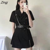 Women Summer Leisure Short Sleeve Black A-line Cargo Mini Dress with Sashes Double Breasted Harajuku Streetwear Sexy