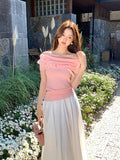 Xixi 2025 Summer New Korean Version Of The Flower Temperament Word-Collar Ice Silk Knitted Women's Top