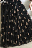 Spring and Summer Mesh Long Women's Skirts High Waist Love Printed Elegant A-Line Pleated Skirt Fashion