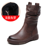 Layer Kraft Mid-Sleet Boots Women Autumn And Winter New Flat Bottom Comfortable Side Zipper Martin Boots Retro Style Horse