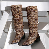 Leopard-Print Round Head And Long-Heeling Boots Girl Retro Large-Size Western Cowboy Long-Sleet Fashion