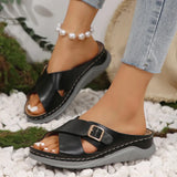 New Flat Bottom Leisure Slippers Cross Belt Buckle Solid Color Beach