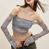 New Shoulder Long-Sleeved Mesh T-Shirt Girl Autumn Sweet Hottie Sexy Short-Term Perspective