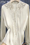 V Neck Shirts Long Sleeve Embroidery Blouse Women Hollow Out Tops Spring 2023 Office Lady Solid Loose Clothes New