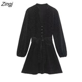 Women Vintage Stand Collar Sequined Dots Velvet Mini Shirt Dress Female Chic Long Sleeve Bow Tied Sashes Vestidos
