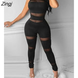 Women Fashion Elegant Casual Sheer Mesh Thick Strap Sleeveless Skinny Jumpsuit Solid Sexy Round Neck