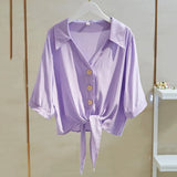 Shirts Women 2023 Summer Loose Casual Blouse White Women Buttoned Up Shirt Top Tied Waist Elegant Women Blouses