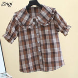 Sweet Plaid Shirt Women Kawaii Peter Pan Collar Lolita Blouse Japanese Preppy Style Puff Sleeve Top Blusas Mujer De