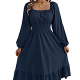 Spring And Summer Leisure Solid Color Collar Long Sleeves To Close The Waist Lotus Leaf Side A Dress Women's