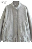 Oversize Bomber Jacket Women Beige Baseball Jackets For Women 2023 Long Sleeve Spring Jacket Woman New In