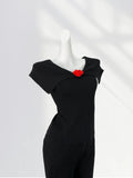 Zingj Wear Elegant Temperament V Neck One Shoulder Sweater Short-Sleeved T Shirt Female Open Shoulder French Lapel