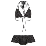 Girl Small Wave Dot Lotaf Side Bikini Set With Hanging Neck Irregularly Naked Beach